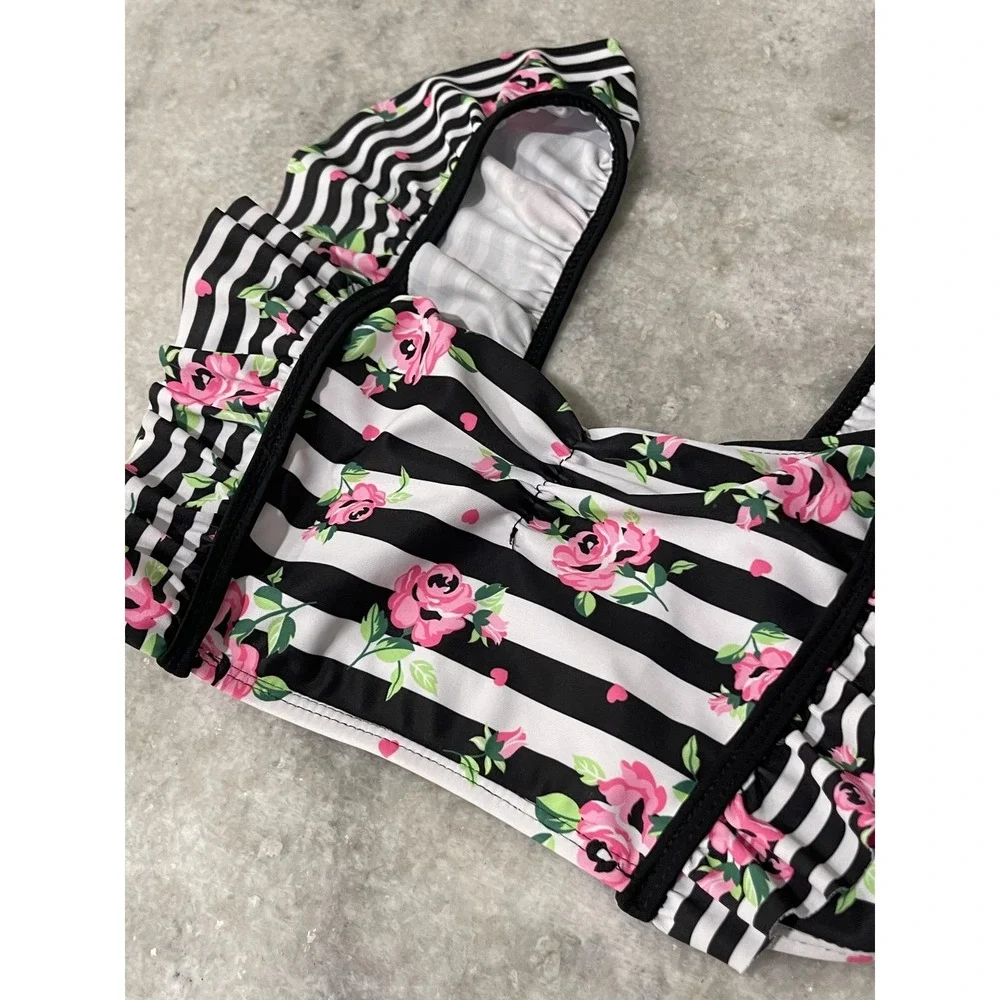 Betsey Johnson Swim Top Girls 10 Black White Stripe Floral Ruffle UPF 50 Tank